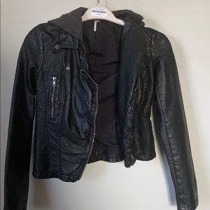 Free people black leather jacket with hood